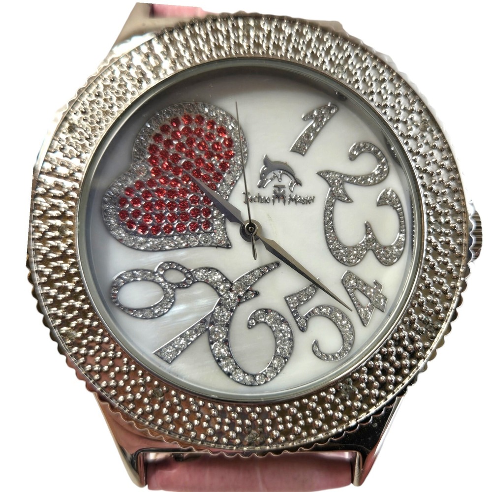 Techno Master Womens Pink Heart Diamond Watch Dial Pink Leather Band TM2135 Rare